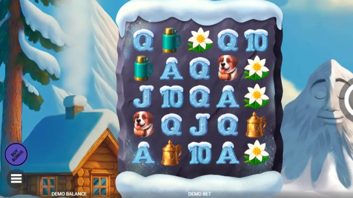Tampilan layar permainan slot Avalanche pada perangkat mobile dengan latar belakang pegunungan salju