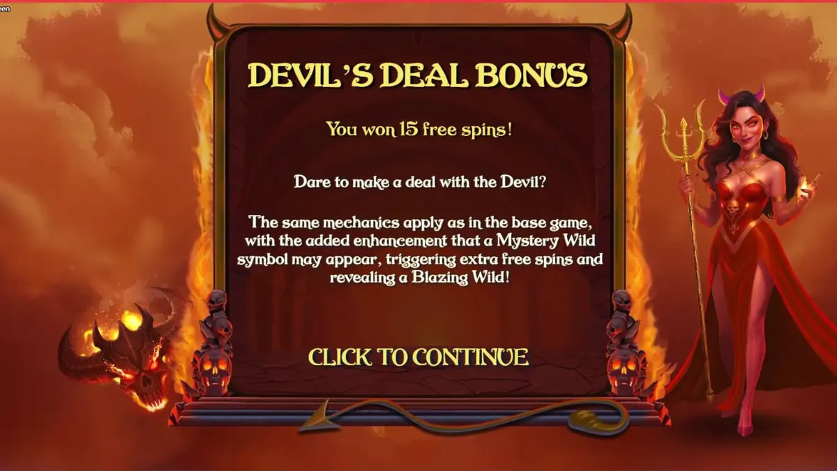 Tangkapan layar permainan slot Demon Queen menampilkan gulungan yang menyala-nyala dan simbol bertema neraka.