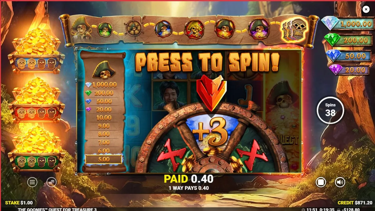 Tampilan visual slot The Goonies Quest for Treasure 3 dengan elemen petualangan bajak laut